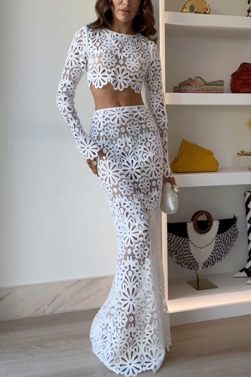 Rosiedress Crochet Lace Cover-up Crop Top and Maxi Skirt Vacation Set