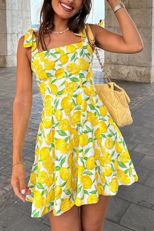 Rosiedress Tie Shoulder Lemon Print Mini Cami Vacation Dress