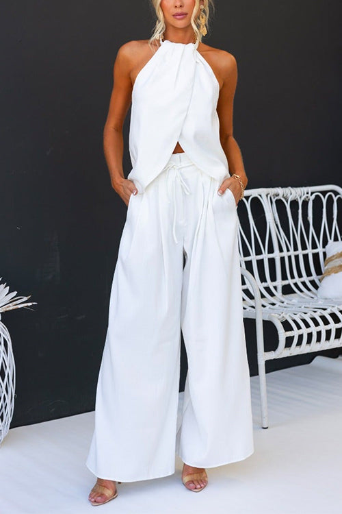 Sleeveless Halter Slit Top Paperbag Waist Wide Leg Pants Set White