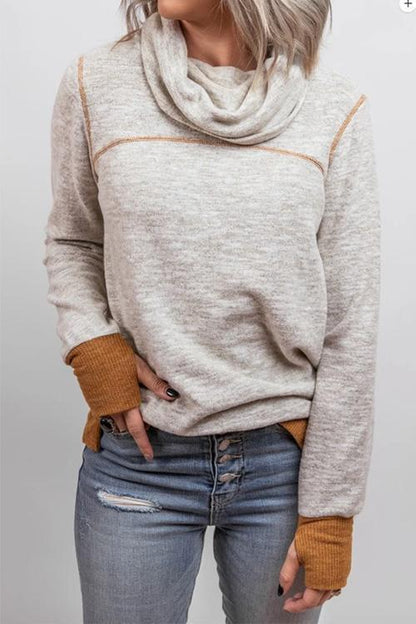 Rosiedress Casual Cowl Neck Color Block Sweatshirt with Thumb Hole