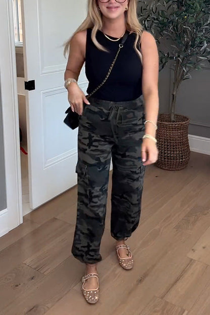 Rosiedress Camo Drawstring Waist Pocketed Cargo Pants