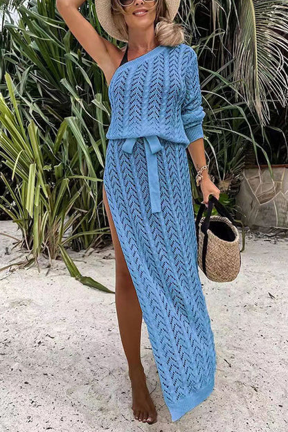 One Shoulder Long Sleeve High Split Hollow Out Beach Dress LightBlue