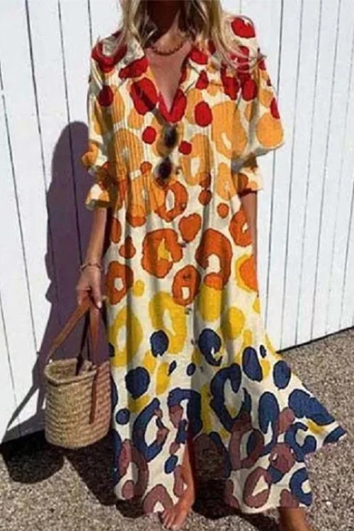 Rosiedress Ruched Button Down Balloon Sleeves Printed Maxi Dress Orange