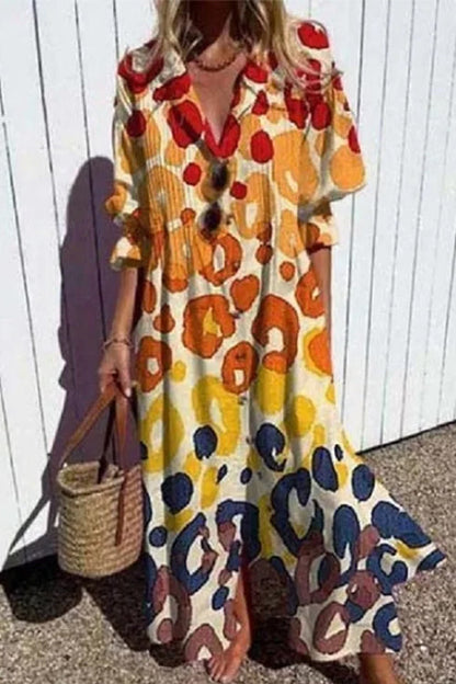 Ruched Button Down Balloon Sleeves Printed Maxi Dress Orange