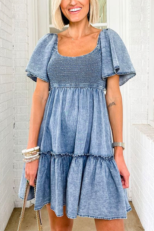 U Neck Flare Sleeves Waisted Chambray Denim Dress Blue