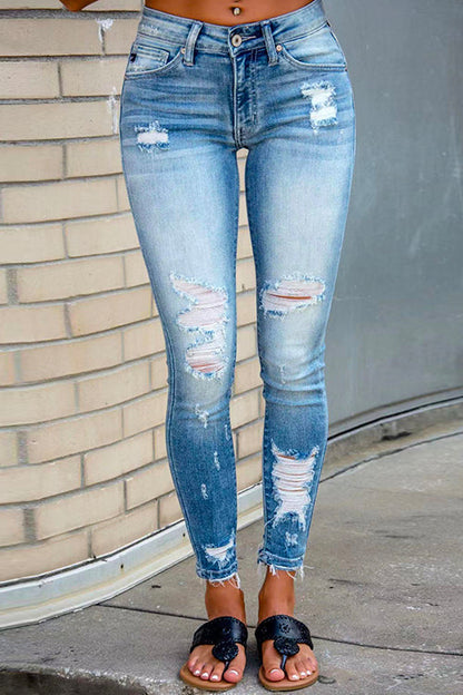 Rosiedress Raw Hem Ripped Stretch Pencil Jeans Blue