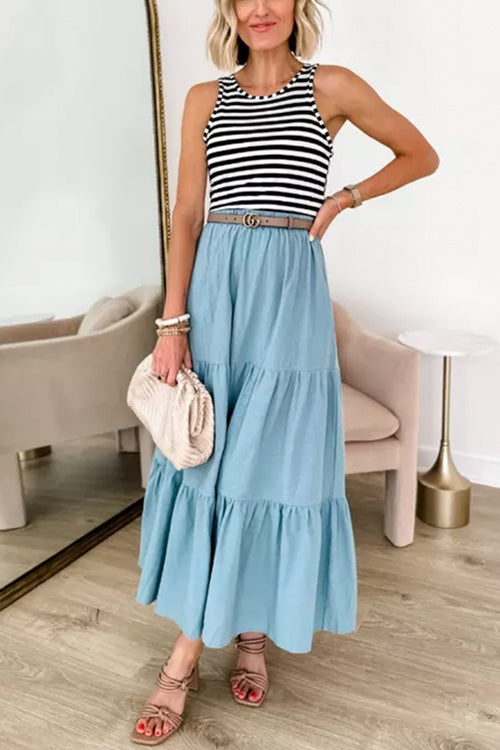 Ruffle Tiered Denim Maxi Swing Skirt