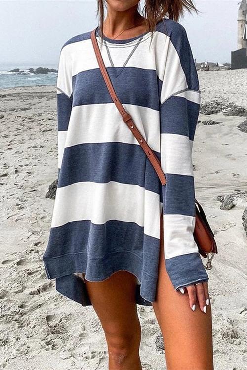 Rosiedress Crewneck Side Split High Low Hem Striped Pullovers Blue