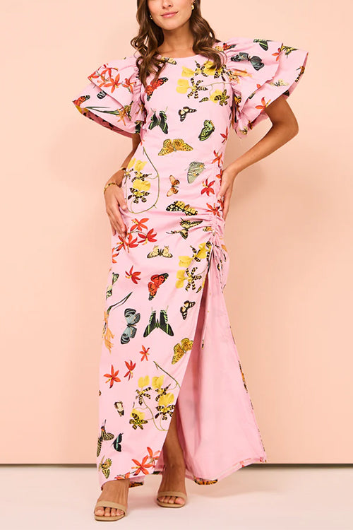 Rosiedress Flounce Sleeves Drawstring Slit Printed Maxi Dress