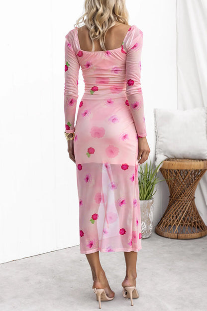 Long Sleeves Drawstring Slit Rose Print Midi Dress