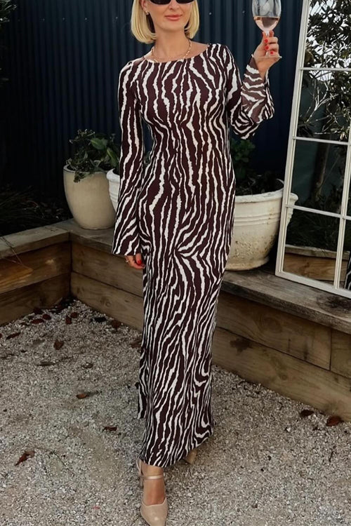 Rosiedress Boat Neck Bell Sleeves Animal Print Maxi Dress