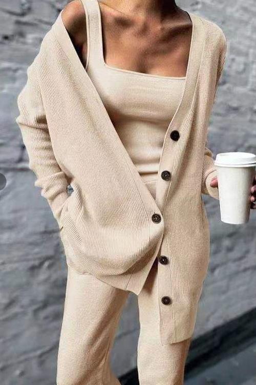 Rosiedress Wide Strapes Tank Top Button Down Cardigan and Long Pants 3 Pieces Loungewear Set Khaki