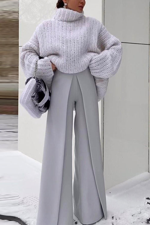 Turtleneck Drop Shoulder Fluffy Pullover Sweater White