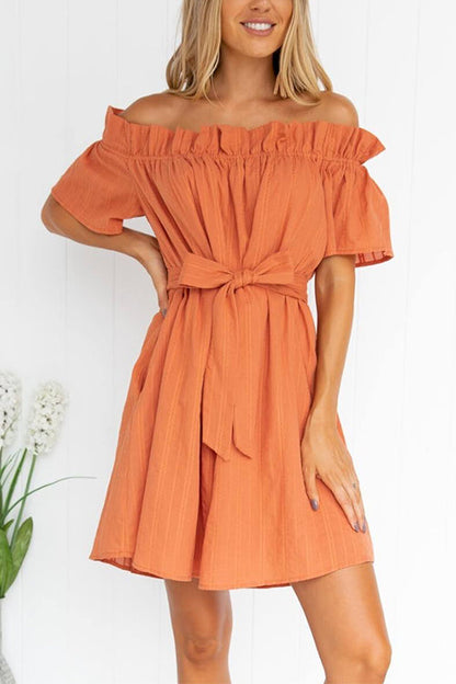 Off Shoulder Short Sleeves Tie Waist Ruffle Dress Orange