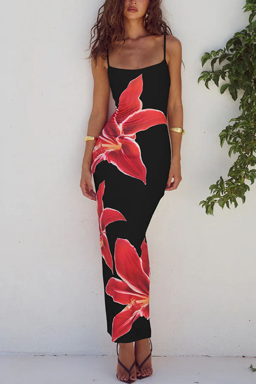 Spaghetti Strap Back Slit Lily Print Bodycon Maxi Dress Black