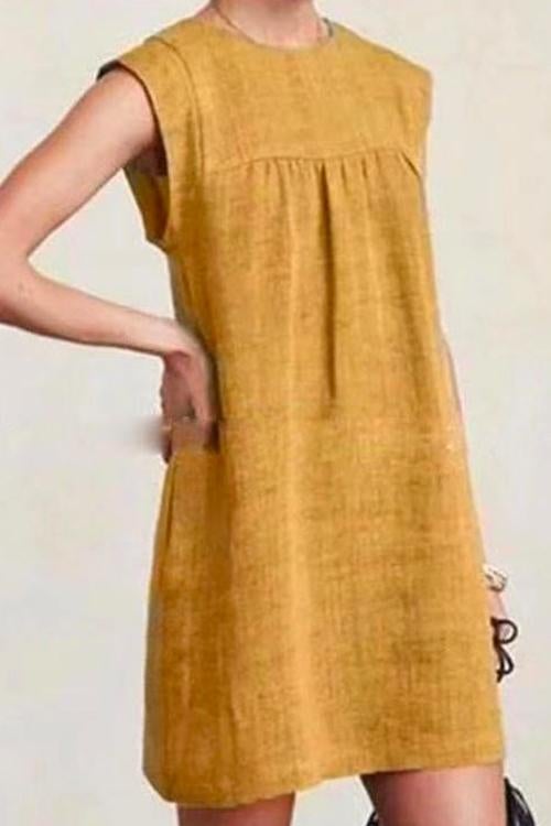 Rosiedress Ruched Short Sleeve Cotton Linen Babydoll Dress Yellow