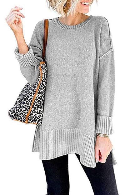 Side Split Ribbed Trim Loose Mid Sweater LightGray