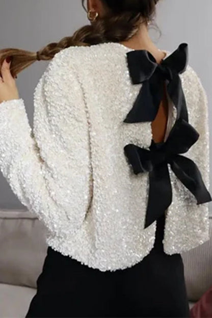 Rosiedress Long Sleeves Bow Knot Glitter Sequin Top