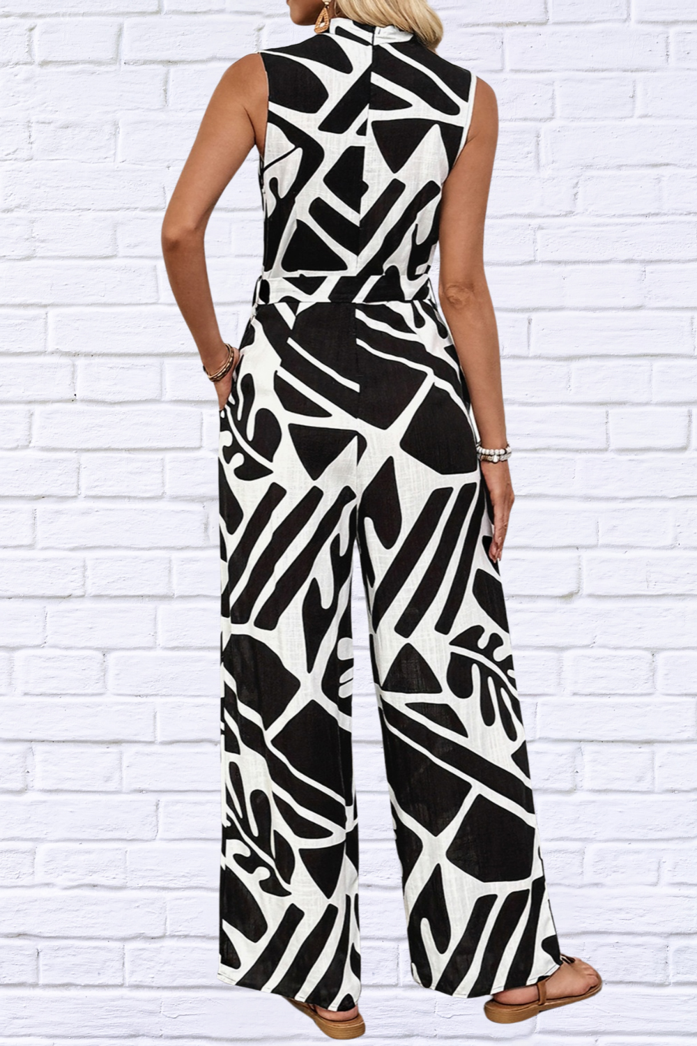Bold in Black & White: Sleeveless Printed Wide Leg Jumpsuit