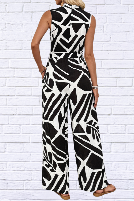 Bold in Black & White: Sleeveless Printed Wide Leg Jumpsuit