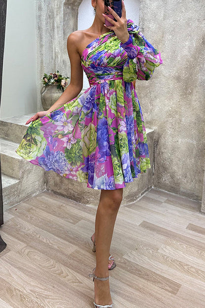 Ruched One Shoulder Waisted Floral Print Flowy Dress Purple