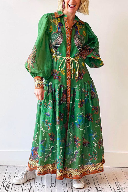 Rosiedress Puff Sleeves Button Down Birdie Printed Maxi Shirt Dress Green