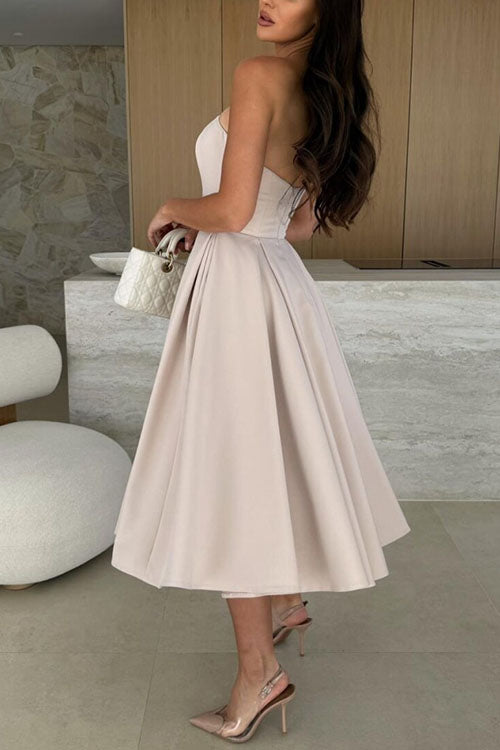 Strapless Open Back Waisted Swing Midi Dress