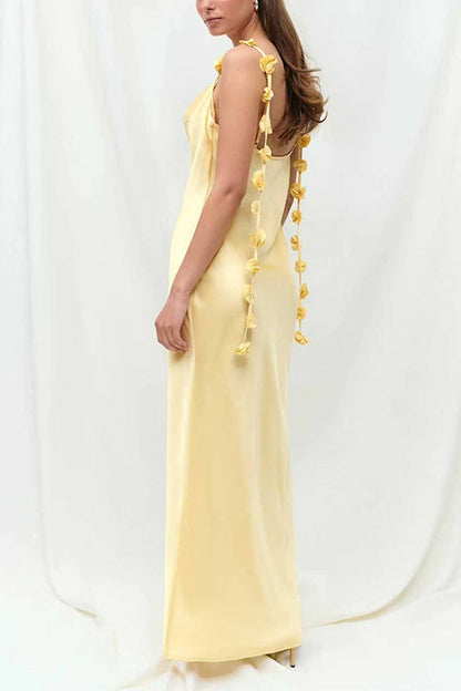 Cowl Neck Flower Applique Satin Maxi Cami Dress