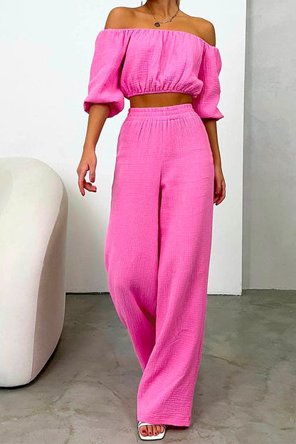 Rosiedress Off Shoulder Half Sleeves Crop Top Wide Leg Pants Set Pink