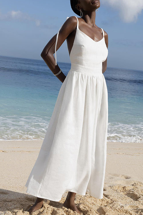 Tie Shoulder Backless Waisted Swing Maxi Cami Dress White