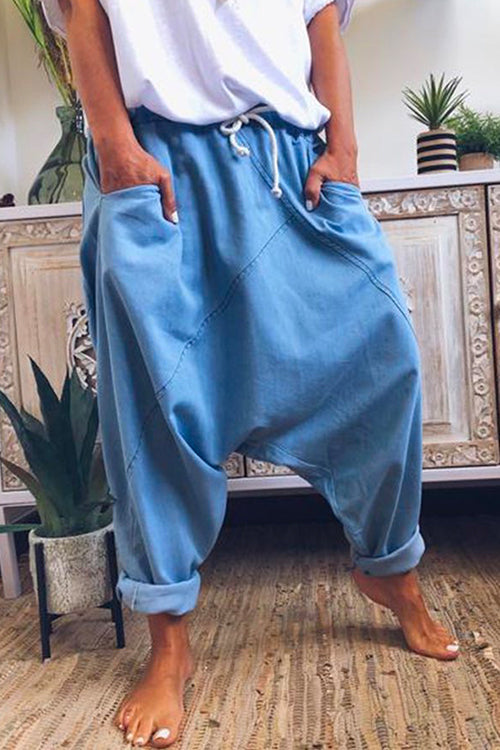 Solid Drawstring Waist Hippie Harem Pants Blue
