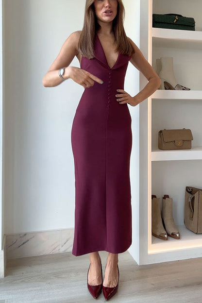 Neckholder-Midikleid mit V-Ausschnitt, rückenfrei, Knöpfen