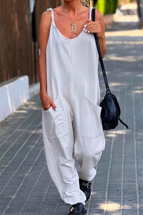 Rosiedress Scoop Neck Pockets Solid Slouchy Cami Jumpsuit White