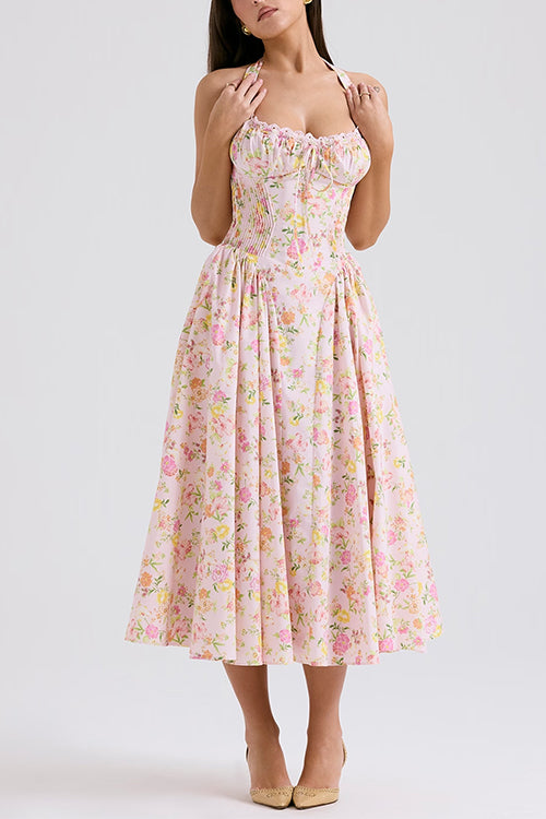 Rosiedress Halter Tie Front Waisted Floral Print Midi Dress