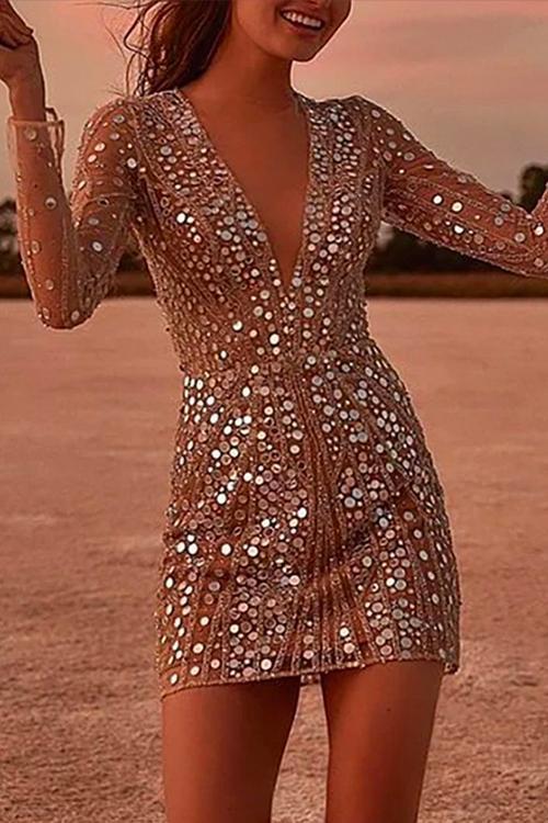 Rosiedress Deep V Neck Mesh Sleeve Mini Sequin Club Dress