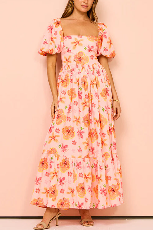 Rosiedress Square Neck Puff Sleeves Floral Print Ruffle Maxi Dress Floral