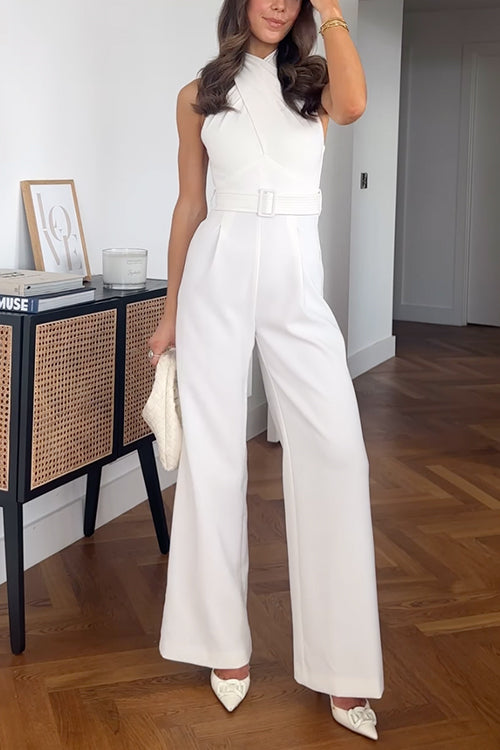 Criss Cross Front Sleeveless Belted Wide Leg Jumpsuit