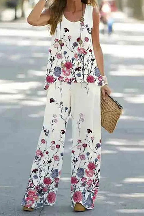 Rosiedress Printed Sleeveless Tank Top and Wide Leg Pants Set Floral