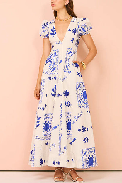 V Neck Puff Sleeves Resort Print A-line Maxi Dress