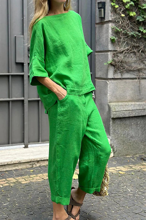 Cotton Linen Half Sleeves Pullover Top Wide Leg Tapered Pants Set Green