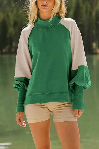 Rosiedress Mockneck Lantern Sleeves Color Block Sweatshirt