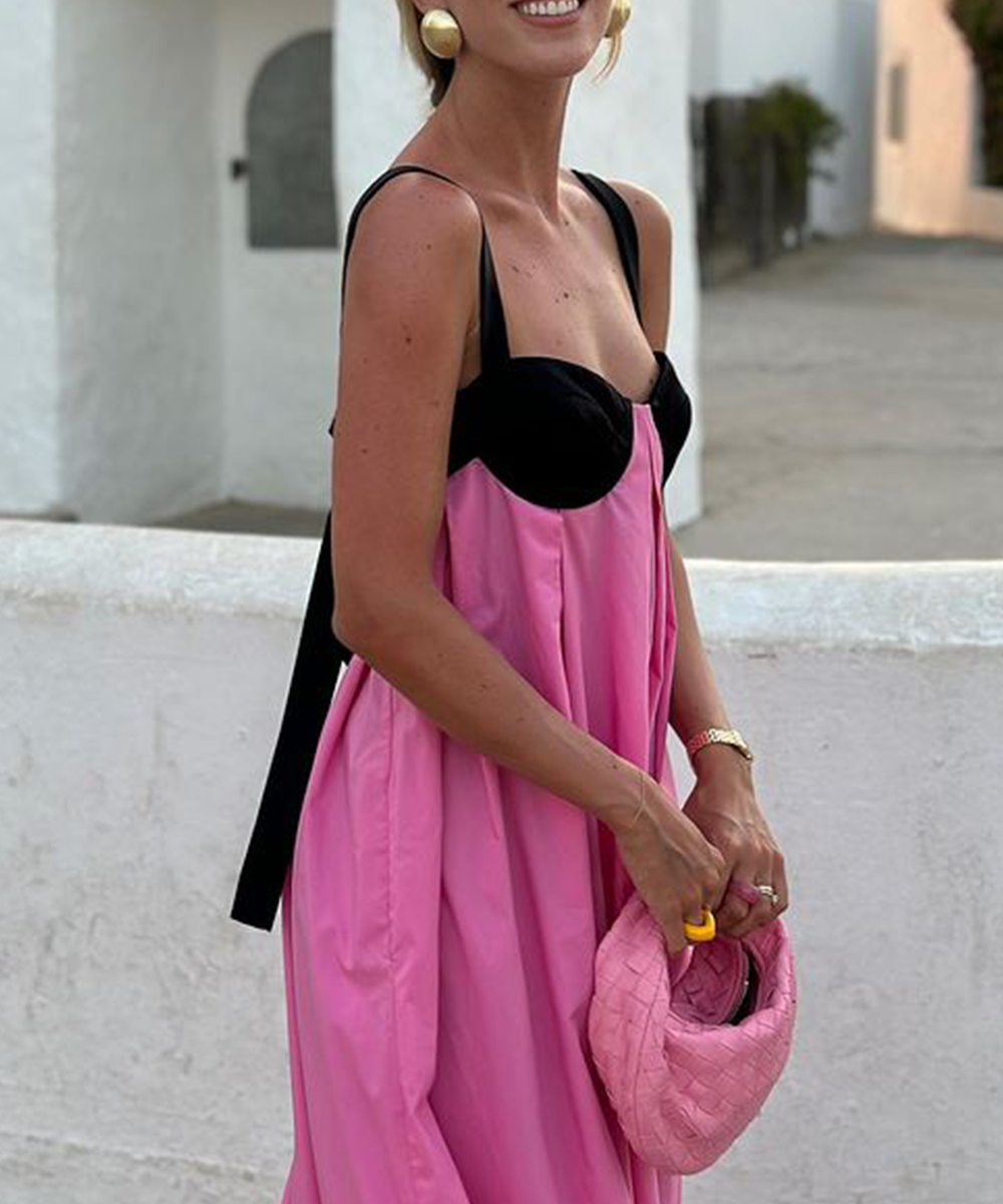 Black & Pink Color Contrast Design Maxi Dress