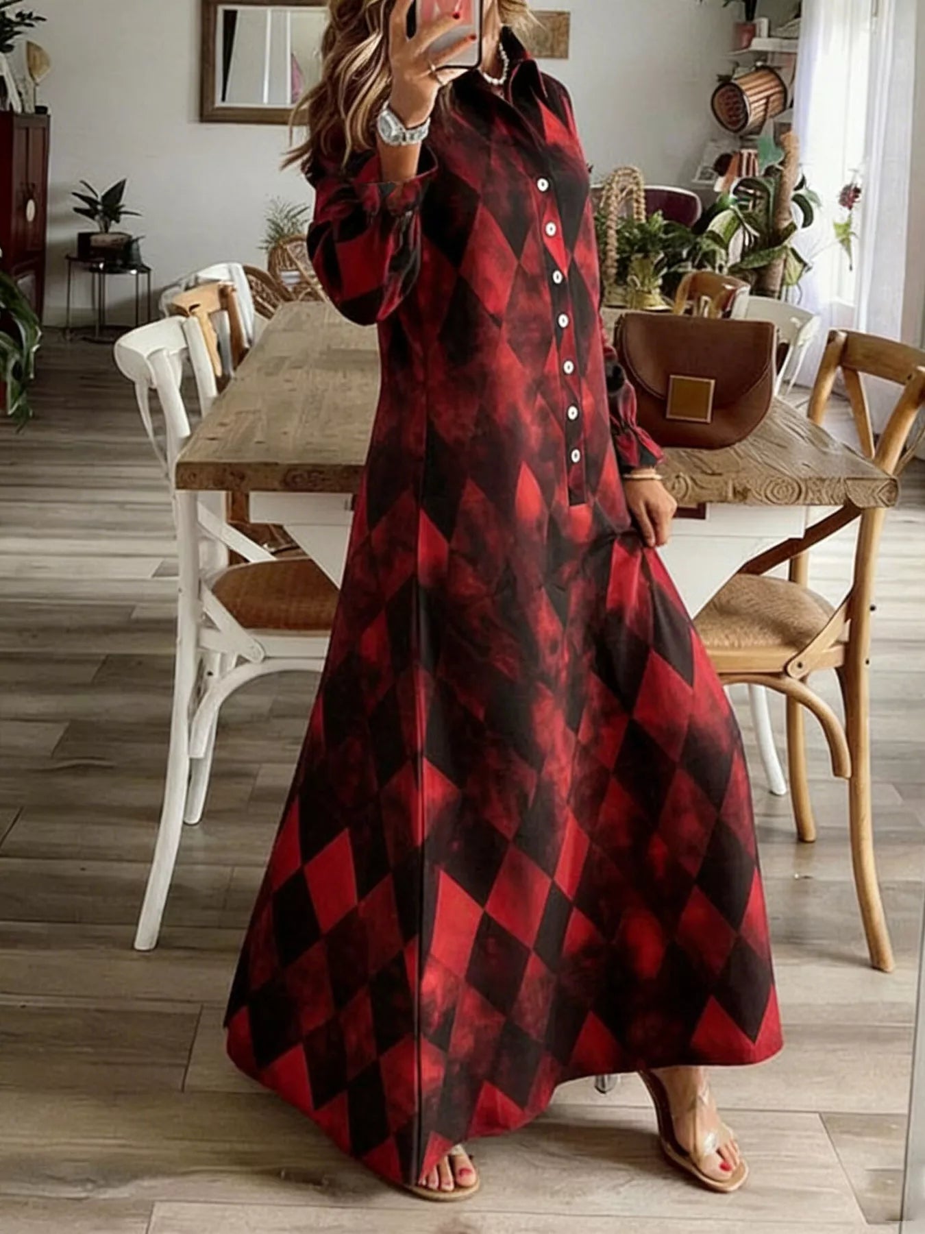 Argyle Print Button-Down Maxi Dress