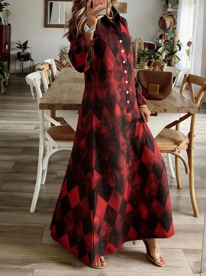 Argyle Print Button-Down Maxi Dress