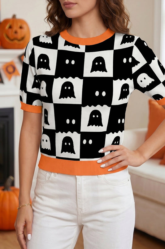White Geometric Ghost Color Block Trim Short Sleeve Knit Sweater
