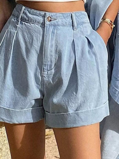 Button Up Long Sleeve Shirt and Shorts Denim Set