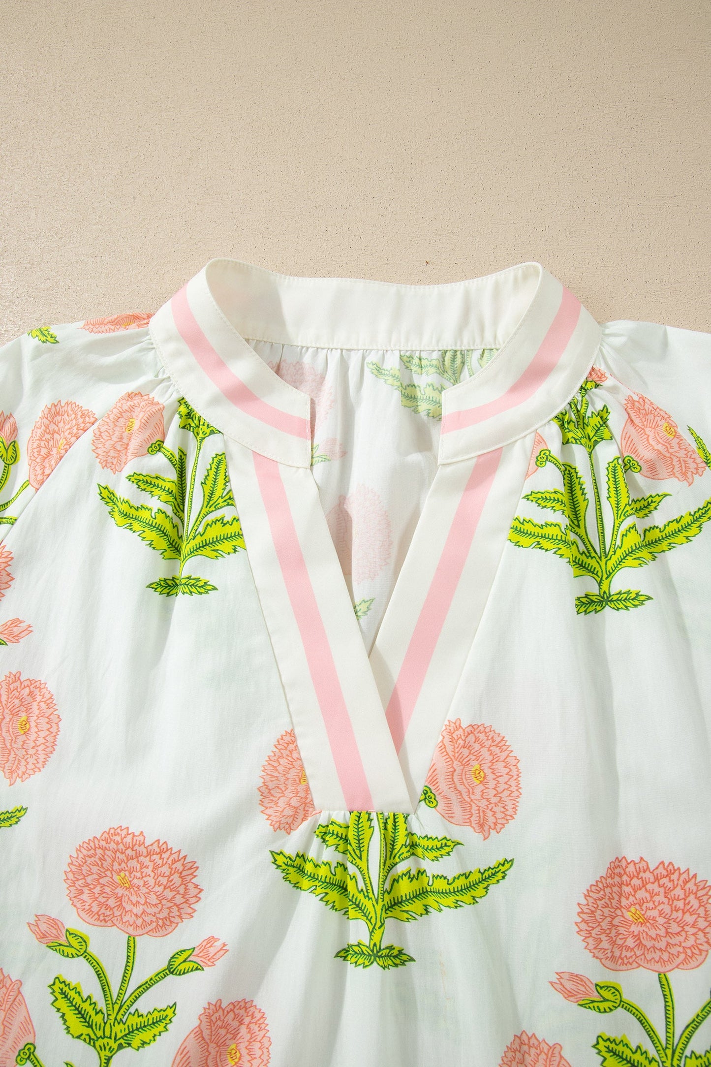 Pink Plus Size Floral Print Striped Trim V Neck Blouse