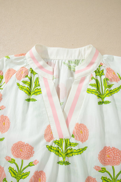 Pink Plus Size Floral Print Striped Trim V Neck Blouse