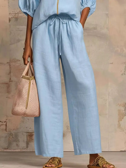 Full Size Zip-Front Top and Wide-Leg Pants Set Plus Size