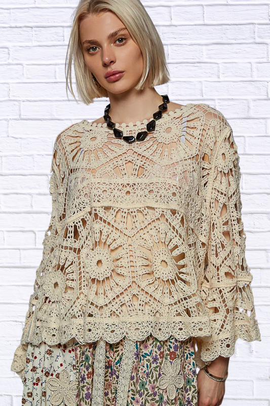 POL Round Neck Weave Knit Pattern Cropped Cover Up